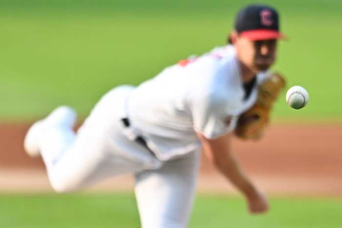 Jun 6, 2023; Cleveland, Ohio, USA; Cleveland Guardians starting pitcher Shane Bieber (57) throws a pitch during the first inning against the Boston Red Sox at Progressive Field. Mandatory Credit: Ken Blaze-USA TODAY Sports